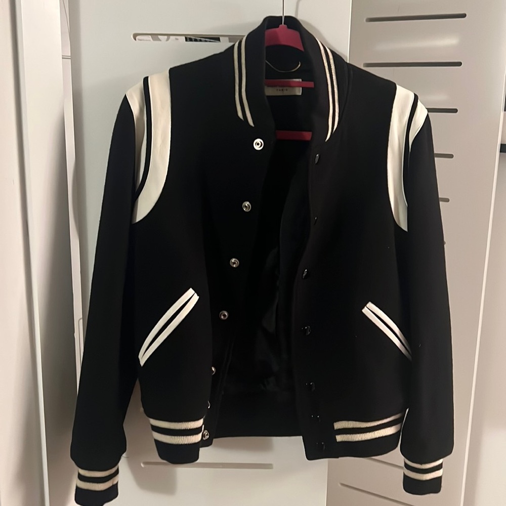 Saint Laurent Teddy leather-trimmed recycled wool-blend bomber jacket